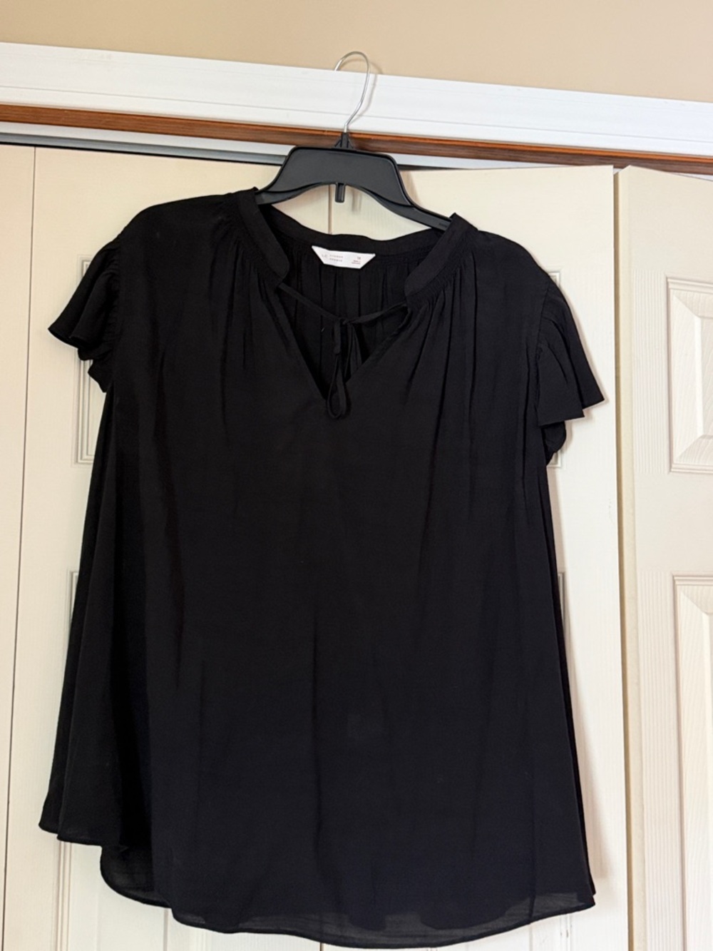 Black Tie-Neck Short Sleeve Women's Top